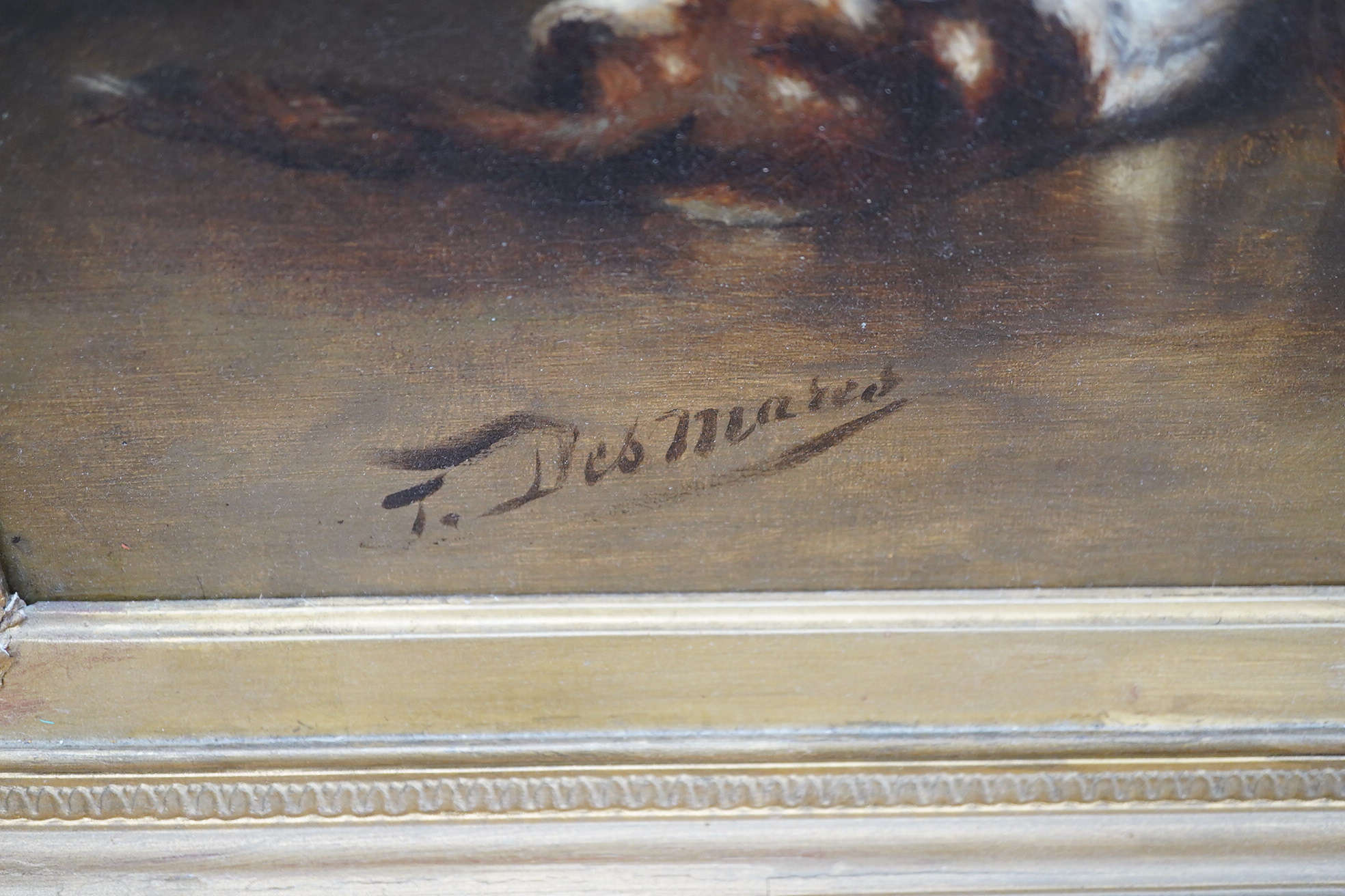 Louis Francois Desmarest (French, 1814-1882), oil on canvas, Interior scene with seated lady and cat, signed, 68 x 42cm, ornate gilt frame. Condition - good, some very minor craquelure, Provenance - Sothebys Billingshurs